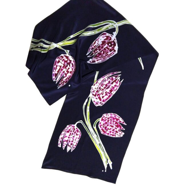 Fritillaria on Navy- digitally printed Silk Scarf from an Original Batik Fritillaria on Navy- digitally printed Silk Scarf from an Original Batik