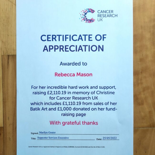 2022 June Cancer Research UK certificate